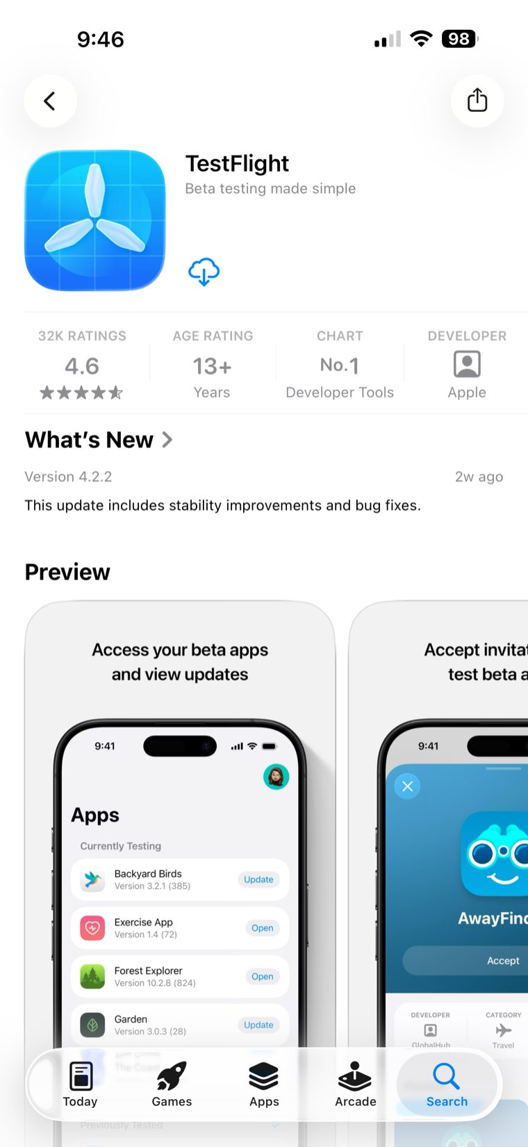 The App Store page for TestFlight. Tap Get to install Apple’s free TestFlight app.