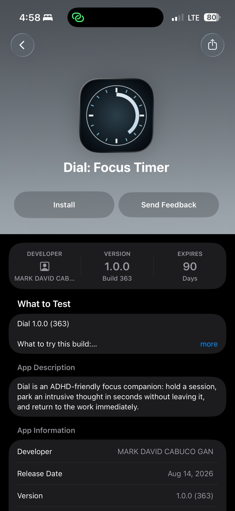 The TestFlight page for Dial: Focus Timer. Tap Install.
