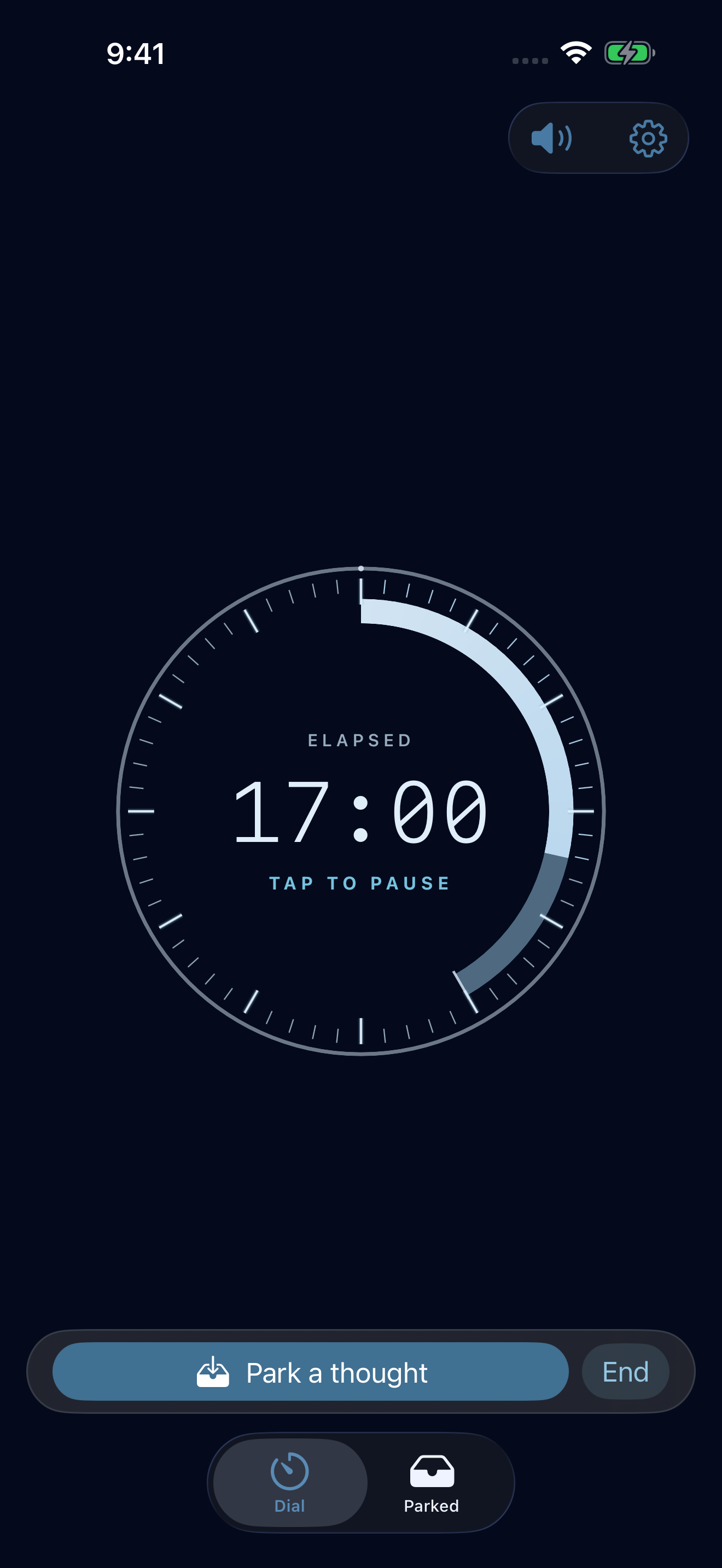 Dial counting upward at 17 minutes elapsed, with Park a thought available below the clock.