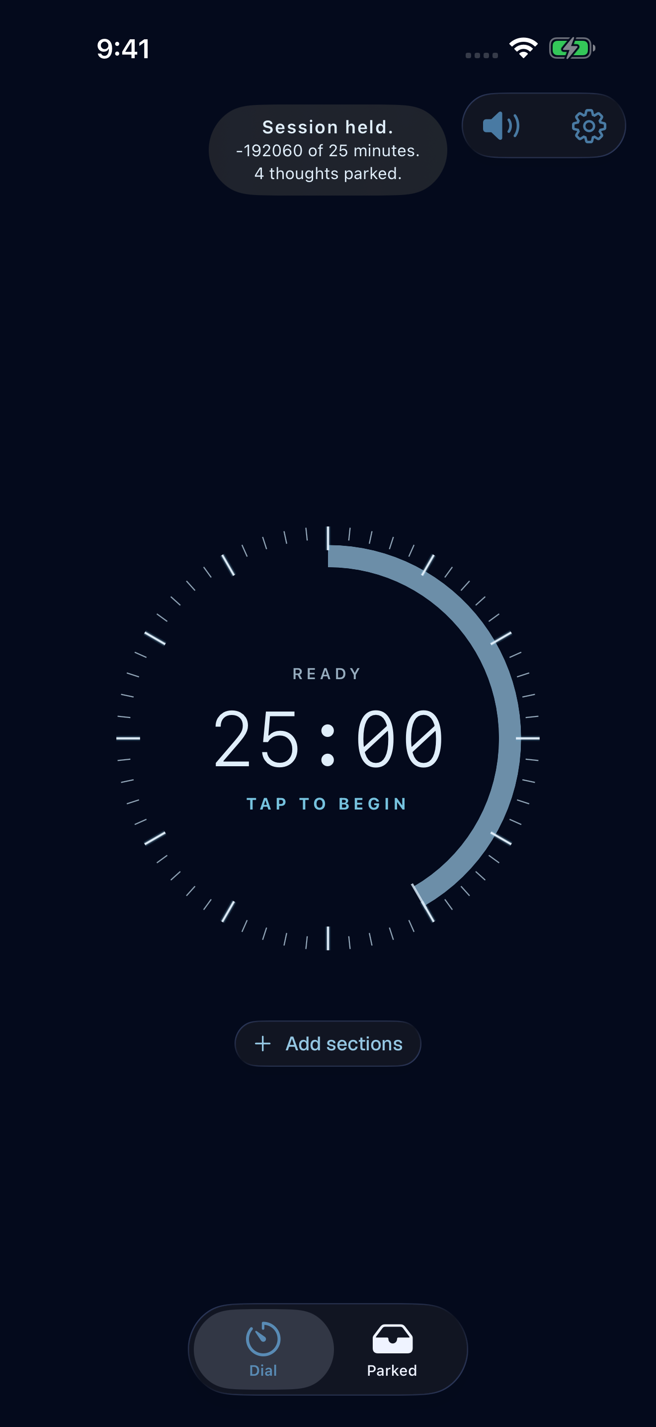Dial’s gentle Session close showing minutes held and parked thoughts without a score.