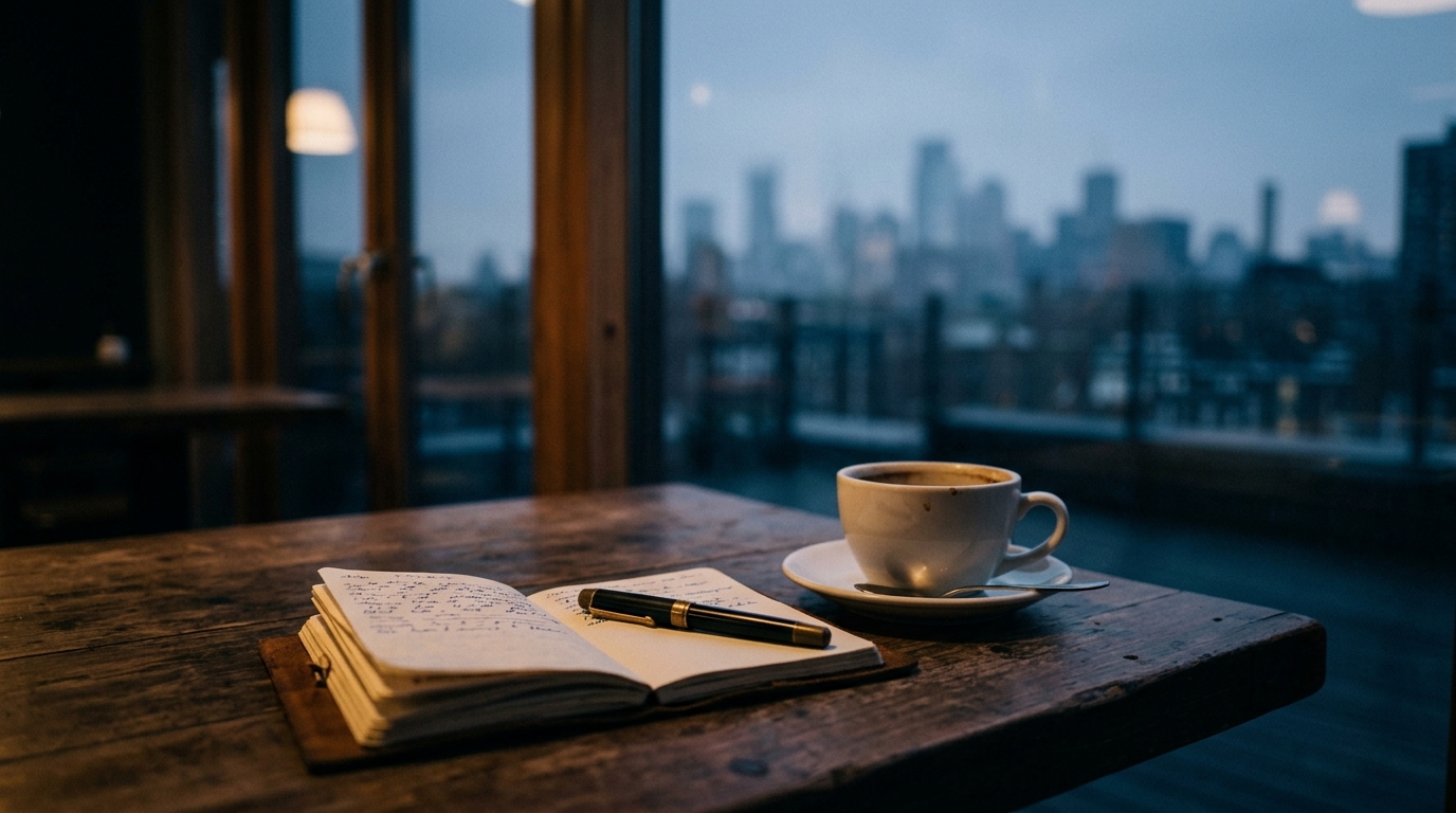 An open notebook with a fountain pen resting across the page beside a half-finished cup of coffee on a dark wooden café table, a hazy dawn skyline visible through tall windows in the background.
