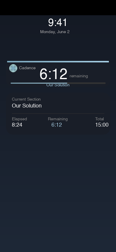 Aether Cadence Live Activity on Lock Screen showing remaining time and current section
